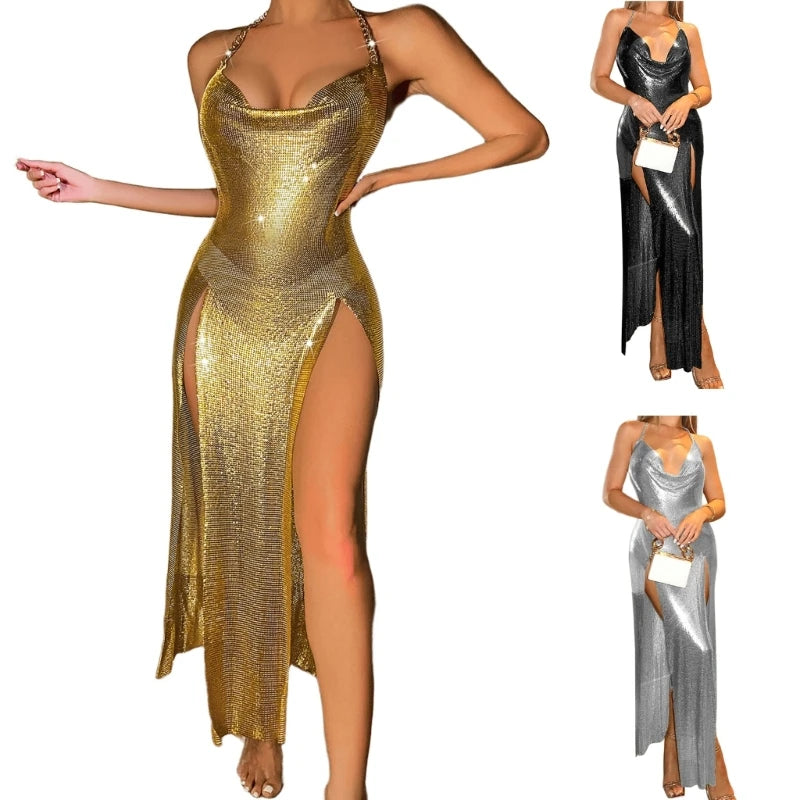 Glitter Metal Sequins Halter Cowl Neck Open Back Slit Evening Gown for Women Sparkling Rave Nightclub Bodycon Long Dress